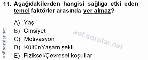 11. soru: Aşağıdakilerden hangisi sağlığa etki eden temel faktörler arasında yer almaz? A) Yaş B) Cinsiyet C) Motivasyon D) Kül…