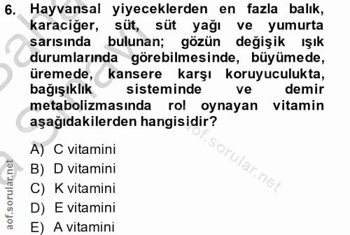 6. soru: Hayvansal yiyeceklerden en fazla balık, karaciğer, süt, süt yağı ve yumurta sarısında bulunan; gözün değişik ışık dur…