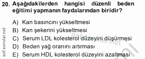 20. soru: Aşağıdakilerden hangisi düzenli beden eğitimi yapmanın faydalarından biridir? A) Kan basıncını yükseltmesi B) Kan şek…