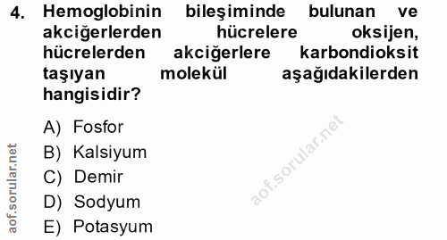 4. soru: Hemoglobinin bileşiminde bulunan ve akciğerlerden hücrelere oksijen, hücrelerden akcigerlere karbondioksit taşıyan mo…
