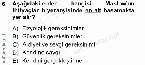 6. soru: Aşağıdakilerden hangisi Maslow'un ihtiyaçlar hiyerarşisinde en alt basamakta yer alır? A) Fizyolojik gereksinimler B)…
