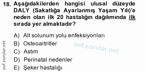 18. soru: Aşağıdakilerden hangisi ulusal düzeyde DALY (Sakatlığa Ayarlanmış Yaşam Yılı)'e neden olan ilk 20 hastalığın dağılımı…