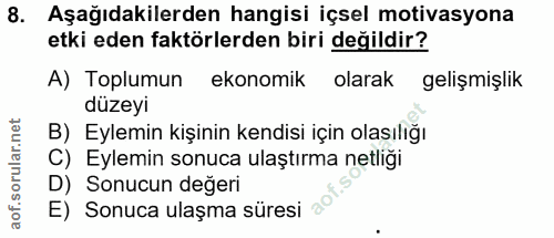 8. soru: Aşağıdakilerden hangisi içsel motivasyona etki eden faktörlerden biri değildir? A) Toplumun ekonomik olarak gelişmişl…