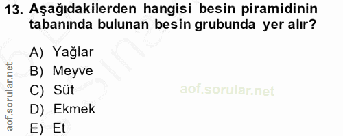 13. soru: Aşağıdakilerden hangisi besin piramidinin tabanında bulunan besin grubunda yer alır? A) Yağlar B) Meyve C) Süt D) Ekm…