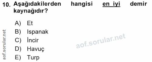 10. soru: Aşağıdakilerden hangisi en iyi demir kaynağıdır? A) Et B) Ispanak C) Incir D) Havuç E) Turp