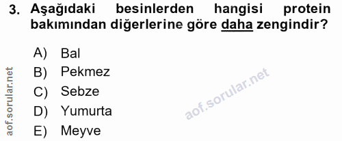 3. soru: Aşağıdaki besinlerden hangisi protein bakımından diğerlerine göre daha zengindir? A) Bal B) Pekmez C) Sebze D) Yumurt…