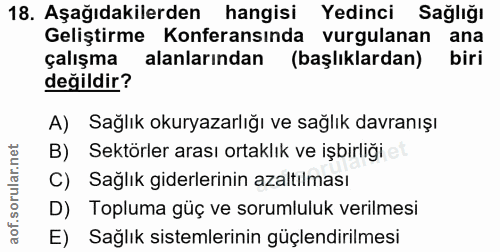 18. soru: Aşağıdakilerden hangisi Yedinci Sağlığı Geliştirme Konferansında vurgulanan ana çalışma alanlarından (başlıklardan) b…