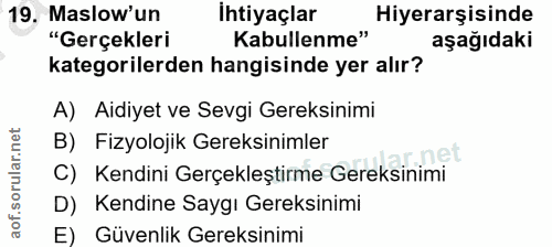 19. soru: Maslow'un İhtiyaçlar Hiyerarşisinde "Gerçekleri Kabullenme" aşağıdaki kategorilerden hangisinde yer alır? A) Aidiyet…