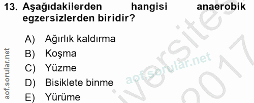 13. soru: Aşağıdakilerden hangisi anaerobik egzersizlerden biridir? A) Ağırlık kaldırma B) Koşma aofSorwlar.net| C) Yüzme D) Bi…