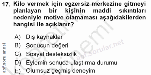 17. soru: Kilo vermek için egzersiz merkezine gitmeyi planlayan bir kişinin maddi sikintıları nedeniyle motive olamaması aşağıd…