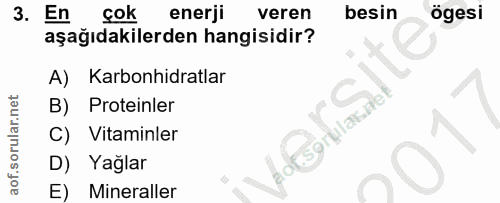 3. soru: En çok enerji veren besin ögesi aşağıdakilerden hangisidir? A) Karbonhidratlar B) Proteinler I.sorulasaet Vitaminler…
