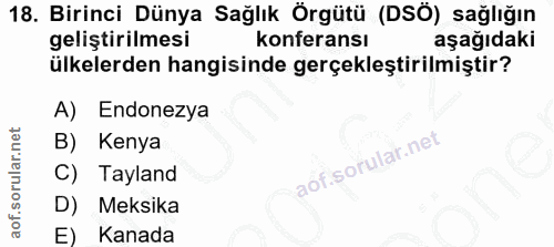 18. soru: Birinci Dünya Sağlık Örgütü (DSÖ) sağlığın geliştirilmesi konferansı aşağıdaki ülkelerden hangisinde gerçekleştirilmi…