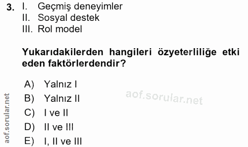 3. soru: !. Geçmiş deneyimler II. Sosyal destek Ill. Rol model Yukarıdakilerden hangileri özeterliliğe etki eden faktörlerdend…