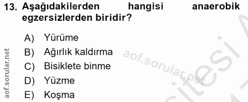 13. soru: Aşağıdakilerden hangisi anaerobik egzersizlerden biridir? A) Yürüme B) Ağırlık kaldırma C) Bisiklete binme D) Yüzme E…