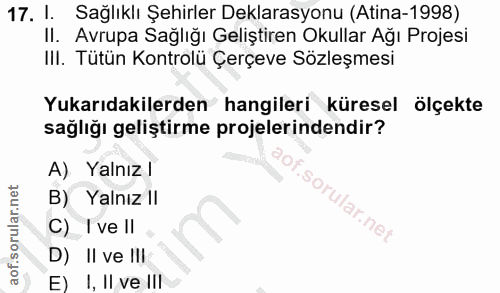 17. soru: I. Sağlıklı Şehirler Deklarasyonu (Atina-1998) Il. Avrupa Sağlığı Geliştiren Okullar Ağı Projesi III. Tütün Kontrolü…