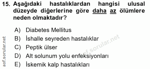 15. soru: Aşağıdaki hastalıklardan hangisi ulusal düzeyde diğerlerine göre daha az ölümlere neden olmaktadır? A) Diabetes Melli…