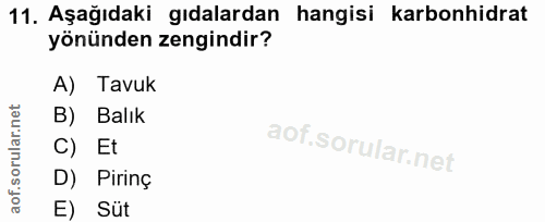 11. soru: Aşağıdaki gıdalardan hangisi karbonhidrat yönünden zengindir? A) Tavuk B) Balık C) Et D) Pirinç E) Süt