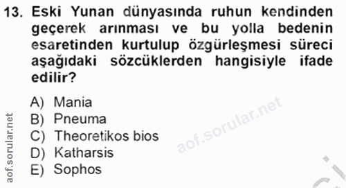 13. soru: Eski Yunan dünyasında ruhun kendinden geçerek arınması ve bu yolla bedenin esaretinden kurtulup özgürleşmesi süreci a…