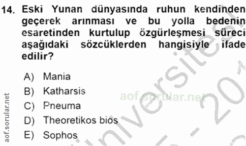 14. soru: Eski Yunan dünyasında ruhun kendinden geçerek arınması vel bu yolla bedenin esaretinden kurtulup özgürleşmesi süreci…