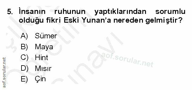 5. soru: Insanın ruhunun yaptıklarından sorumlu olduğu fikri Eski Yunan'a nereden gelmiştir? A) Sümer B) Maya C) Hint D) MIsır…