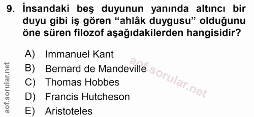 9. soru: İnsandaki beş duyunun yanında altıncı bir duyu gibi iş gören "ahlâk duygusu" olduğunu öne süren filozof aşağıdakilerd…