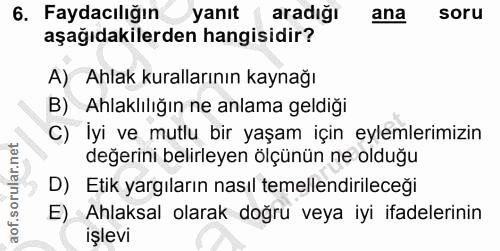 6. soru: Faydacılığın yanıt aradığı ana soru aşağıdakilerden hangisidir? A) Ahlak kurallarının kaynağı B) Ahlaklılığın ne anla…