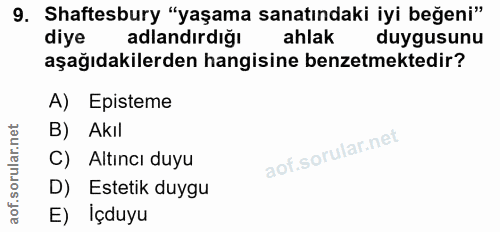 9. soru: Shaftesbury "yaşama sanatındaki iyi beğeni" diye adlandırdığı ahlak duygusunu aşağıdakilerden hangisine benzetmektedi…