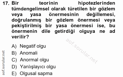 17. soru: Bir teorinin hipotezlerinden tümdengelimsel olarak türetilen bir gözlem veya yasa önermesinin değillemesi, doğrulanmı…