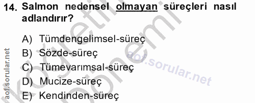 14. soru: Salmon nedensel olmayan süreçleri nasıl adlandırır? A) Tümdengelimsel-süreç B) Sözde-süreç C) Tümevarımsal-süreç D) M…