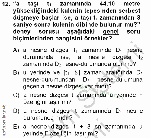 12. soru: "a taşı t1 zamaninda 44.10 metre yüksekliğindeki kulenin tepesinden serbest düşmeye başlar ise, a taşı tı zamanından…