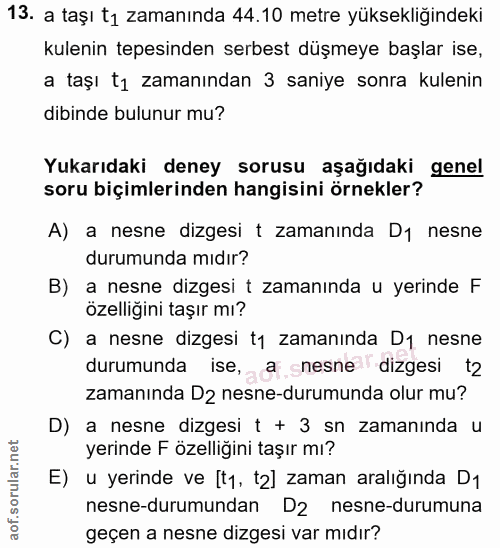 13. soru: a taşı t1 zamanında 44.10 metre yüksekliğindeki kulenin tepesinden serbest düşmeye başlar ise, a taşı t1 zamanından 3…