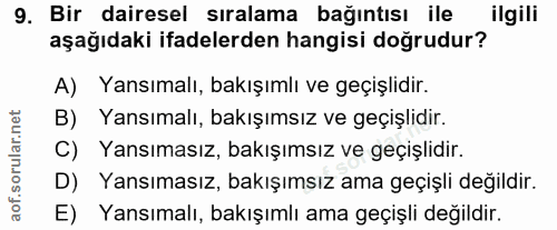 9. soru: Bir dairesel sıralama bağıntısı ile ilgili aşağıdaki ifadelerden hangisi doğrudur? A) Yansımalı, bakışımlı ve geçişli…