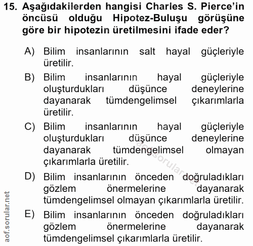 15. soru: Aşağıdakilerden hangisi Charles S. Perce'in öncüsü olduğu Hipotez-Buluşu görüşüne göre bir hipotezin üretilmesini ifa…