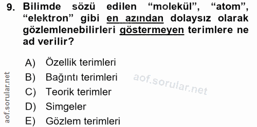 9. soru: Bilimde sözü edilen "molekül", "atom", "elektron" gibi en azından dolaysız olarak gözlemlenebilirleri göstermeyen ter…