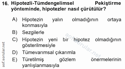 16. soru: Hipotezli-Tümdengelimsel Pekiştirme yönteminde, hipotezler nasıl çürütülür? A) Hipotezin yalın olmadığının ortaya kon…