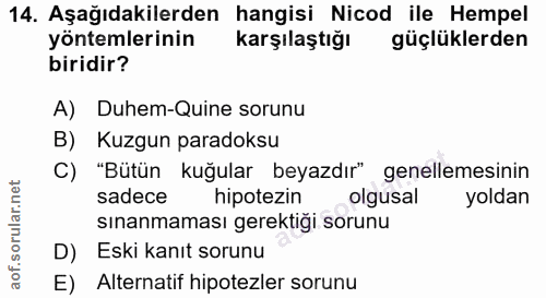 14. soru: Aşağıdakilerden hangisi Nicod ile Hempel yöntemlerinin karşılaştığı güçlüklerden biridir? A) Duhem-Quine sorunu B) Ku…