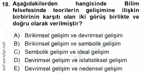 18. soru: Aşağıdakilerden hangisinde Bilim felsefesinde teorilerin gelişimine ilişkin birbirinin karşıtı olan iki görüş birlikt…