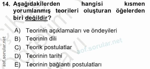 14. soru: Aşağıdakilerden hangisi kısmen yorumlanmış teorileri oluşturan öğelerden biri değildir? A) Teorinin açıklamaları ve ö…