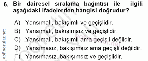 6. soru: Bir dairesel sıralama bağıntısı ile ilgili aşağıdaki ifadelerden hangisi doğrudur? A) Yansımalı, bakışımlı ve geçişli…