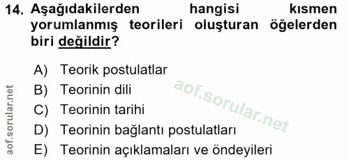 14. soru: Aşağıdakilerden hangisi kismen yorumlanmış teorileri oluşturan öğelerden biri değildir? A) Teorik postulatlar B) Teor…