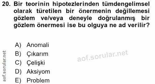 20. soru: Bir teorinin hipotezlerinden tümdengelimsel olarak türetilen bir önermenin değillemesi gözlem ve/veya deneyle doğrula…