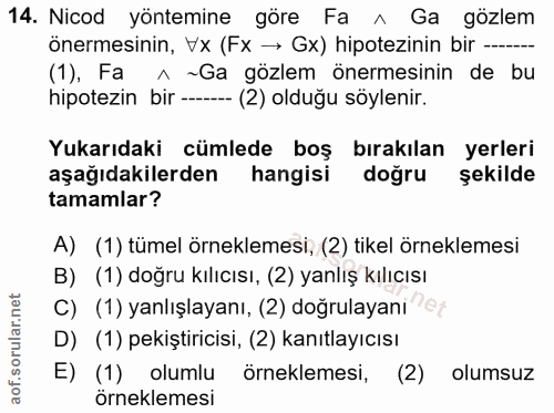 14. soru: Nicod yöntemine göre Fa ^ Ga gözlem önermesinin, Vx (Fx → Gx) hipotezinin bir —-- (1), Fa ^ ~Ga gözlem önermesinin de…