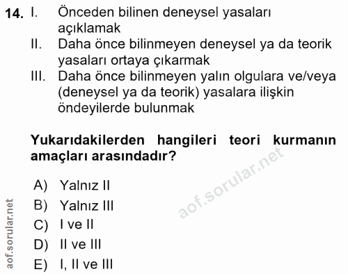 14. soru: l. Önceden bilinen deneysel yasaları açıklamak ll. Daha önce bilinmeyen deneysel ya da teorik yasaları ortaya çıkarma…