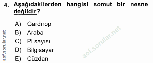 4. soru: Aşağıdakilerden hangisi somut bir nesne değildir? A) Gardırop B) Araba C) Pi sayısı D) Bilgisayar E) Cüzdan