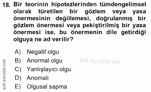 18. soru: Bir teorinin hipotezlerinden tümdengelimsel olarak türetilen bir gözlem veya yasa önermesinin değillemesi, doğrulanmı…