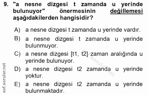 9. soru: "a nesne dizgesi t zamanda u yerinde bulunuyor" önermesinin değillemesi aşağıdakilerden hangisidir? A) a nesne dizges…