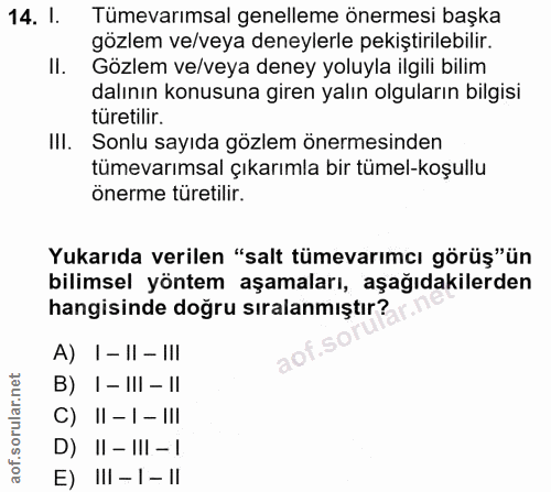 14. soru: I. Tümevarımsal genelleme önermesi başka gözlem ve/veya deneylerle pekiştirilebilir. II. Gözlem ve/veya deney yoluyla…