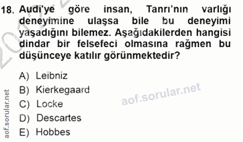 18. soru: Adi'ye göre insan, Tanrı'nın varlığı deneyimine ulaşsa bile bu deneyimi yaşadığını bilemez. Aşağıdakilerden hangisi d…