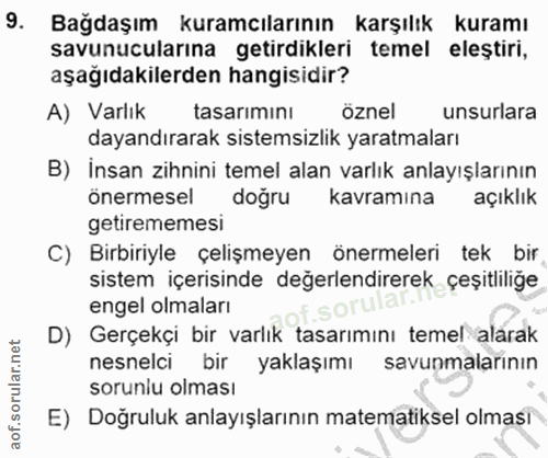 9. soru: Bağdaşım kuramcılarının karşılık kuramı savunucularına getirdikleri temel eleştiri, aşağıdakilerden hangisidir? A) Va…