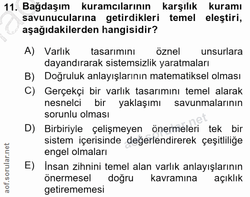 11. soru: Bağdaşım kuramcılarının karşılık kuramı savunucularına getirdikleri temel eleştiri, aşağıdakilerden hangisidir? A) Va…
